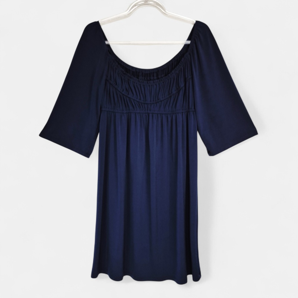 Womens Medium Navy Blue Empire Waist Ruched Mini Dress Wide 3/4 Sleeve Tunic Top